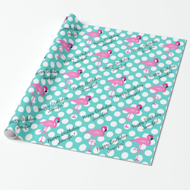 Personalized Flamingo and Polka Dot Wrapping Paper (Unrolled)