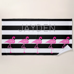 Personalized Flamingo and Stripes Beach Towel