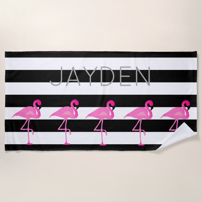 Personalized Flamingo and Stripes Beach Towel (Front)