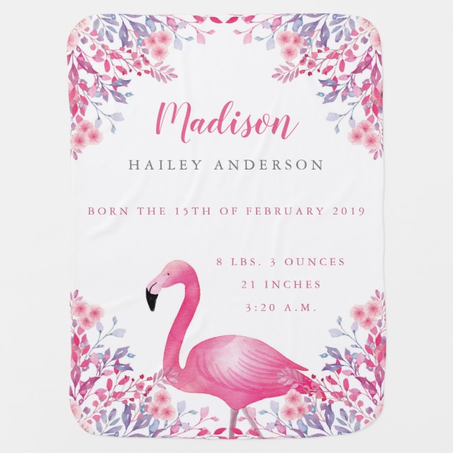 Personalized Flamingo Birth Announcement Blanket (Front)