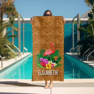 Personalized Flamingo Floral Wicker Print Beach Towel