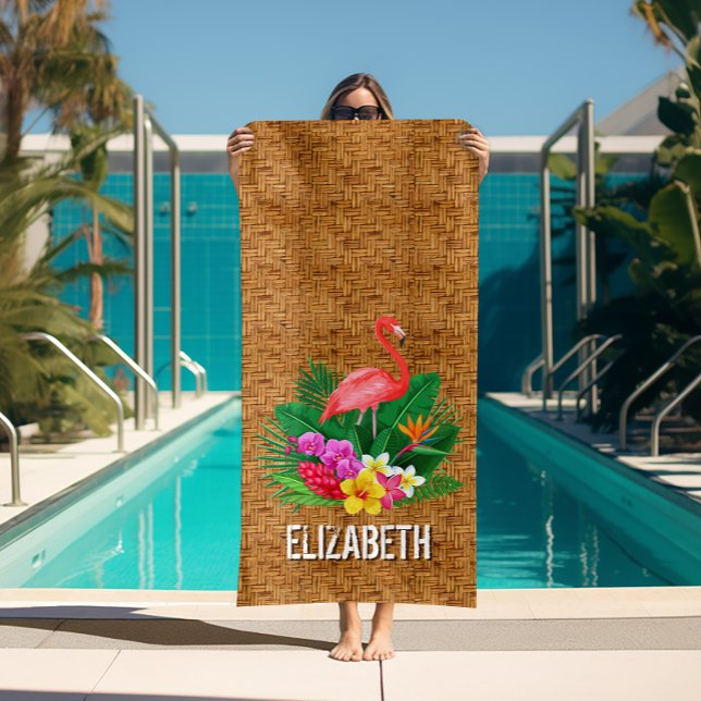 Personalized Flamingo Floral Wicker Print  Beach Towel (Personalized Flamingo Floral Wicker Print Beach Towel (white on reverse side))