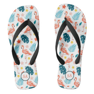 Personalized Flamingo Palm Tree Blue Red Beach Flip Flops