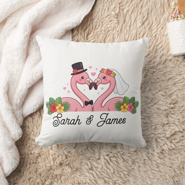 Personalized Flamingo Wedding Couple Tropical Gift Throw Pillow (Blanket)