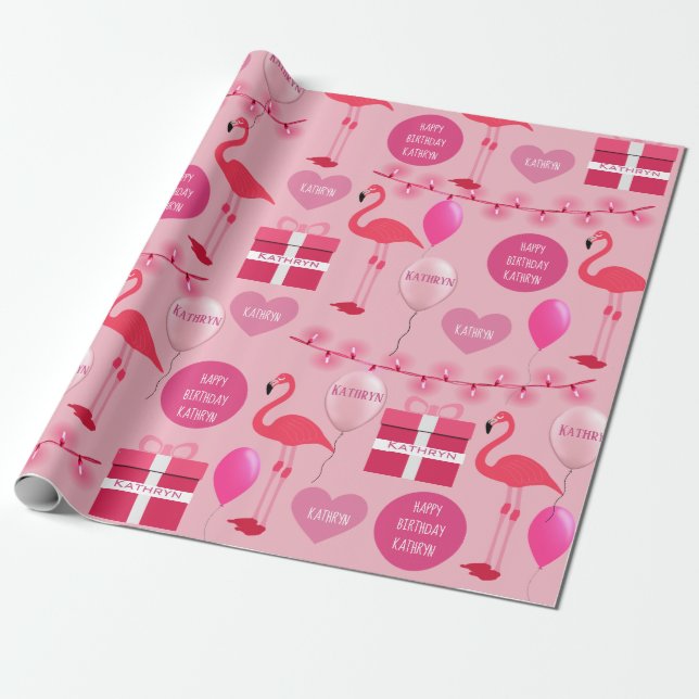 Personalized Flamingos Birthday Wrapping Paper (Unrolled)