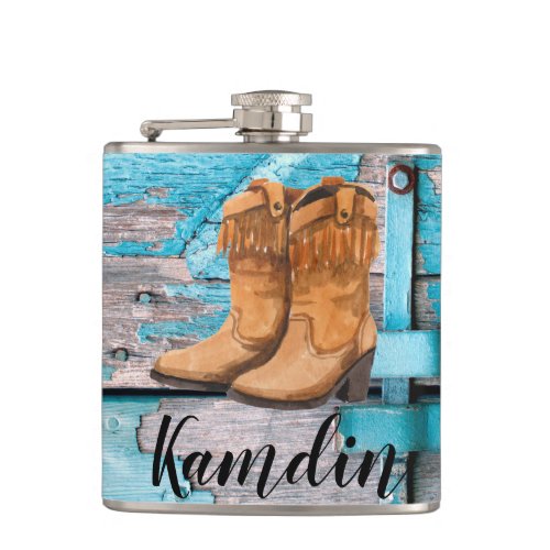 Personalized Flask Blue Wood Barn Door Boots Count