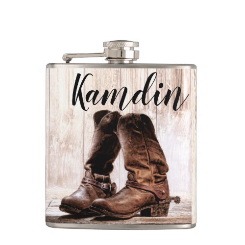 Personalized Flask boots country rustic western we