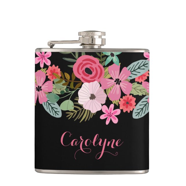Personalized flask floral black pink Add your name (Front)