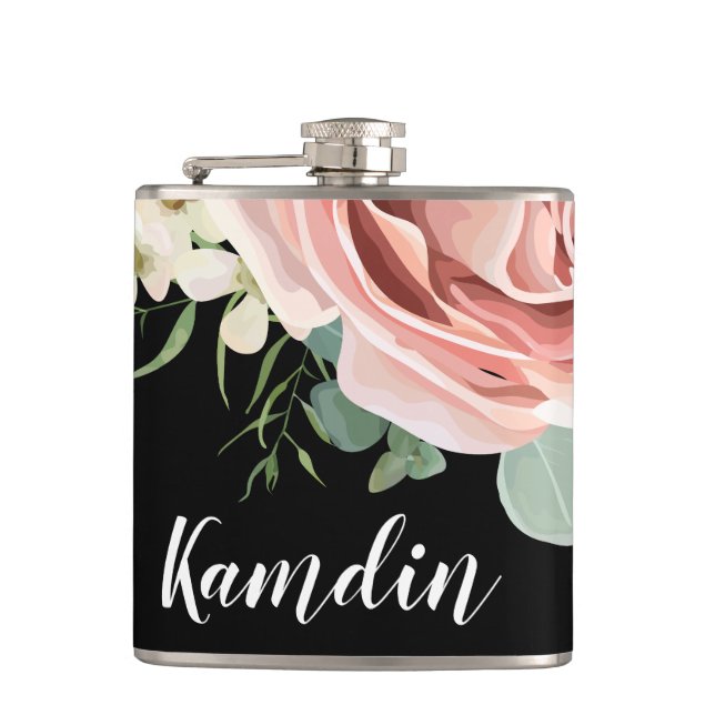 Personalized Flask Geometric Garden Rose Black (Front)