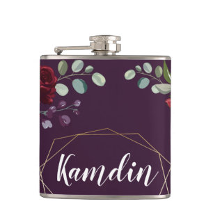 Personalized Flask Plum Purple Roses Gold Geometri