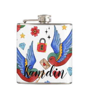 Personalized Flask Traditional Bird Tattoo Sparrow