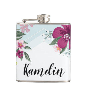 Personalized Flask Tropical Flower on Blue Ombre
