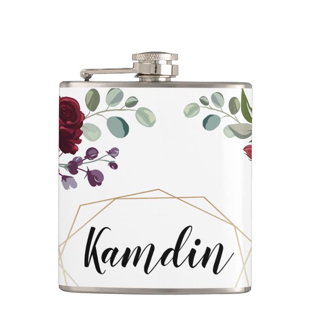 Personalized Flask White Roses Gold Geometric Flor (Front)