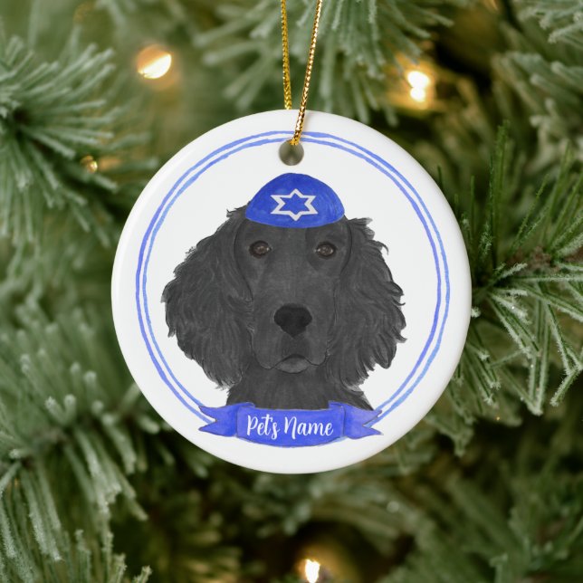 Personalized Flat Coated Retriever Dog Hanukkah Ceramic Ornament (Tree)