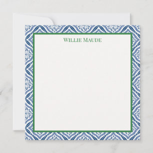 Personalized Flat Notecard Blue & White Border