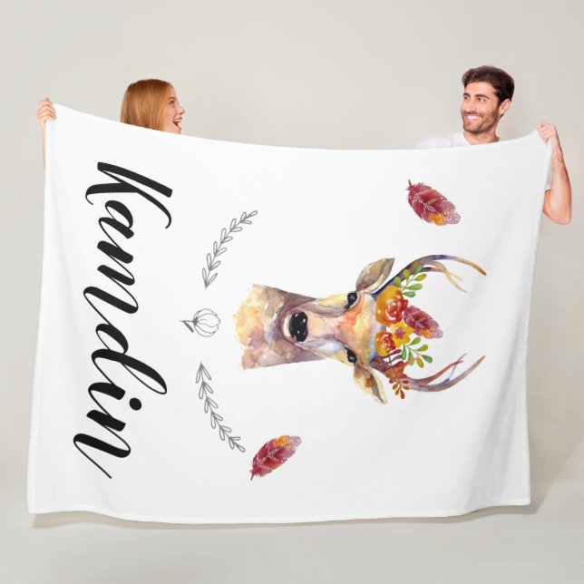 Personalized Fleece Throw boho deer Buck Head Brow (In Situ)
