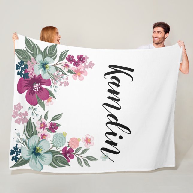 Personalized Fleece Throw Tropical Flower on White Blanket (In Situ)