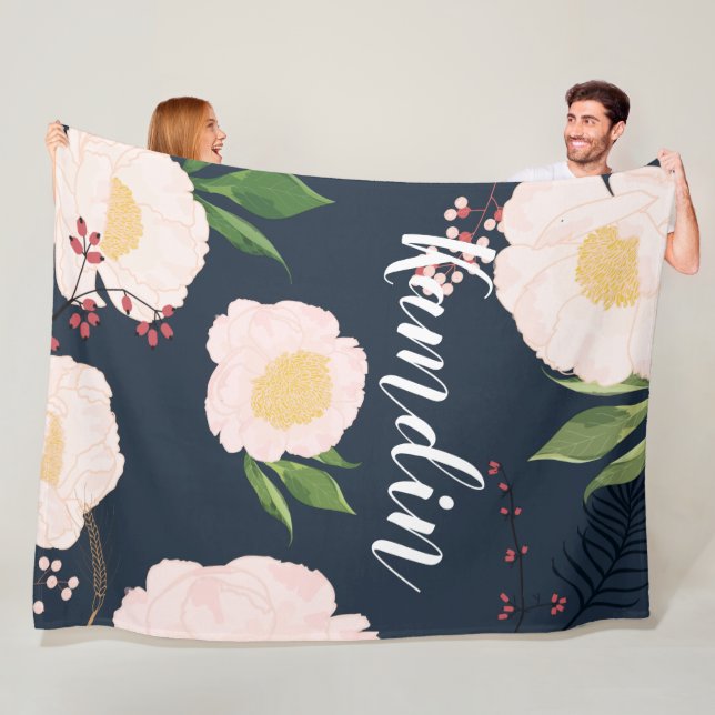 Personalized Fleece Throw White Floral Flowers on Blanket (In Situ)