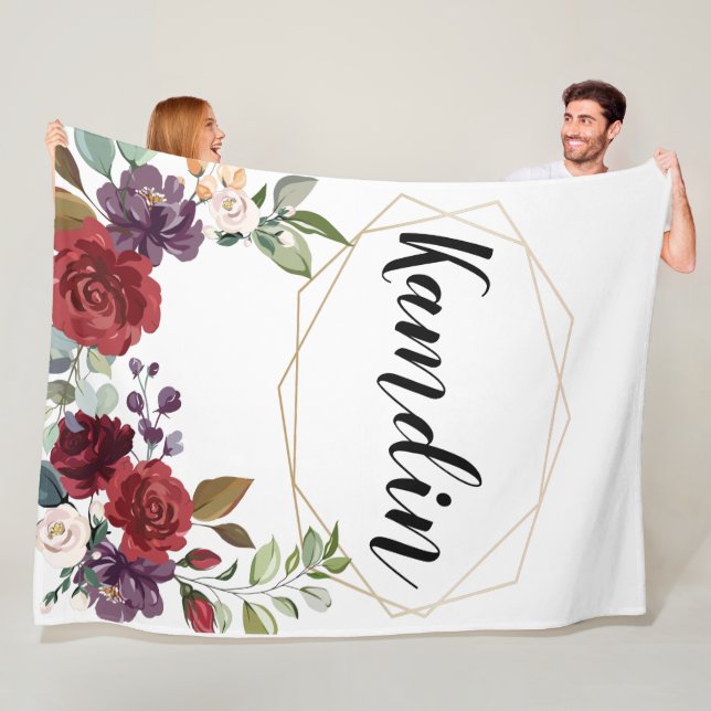 Personalized Fleece Throw White Roses Gold Geometr Blanket (In Situ)