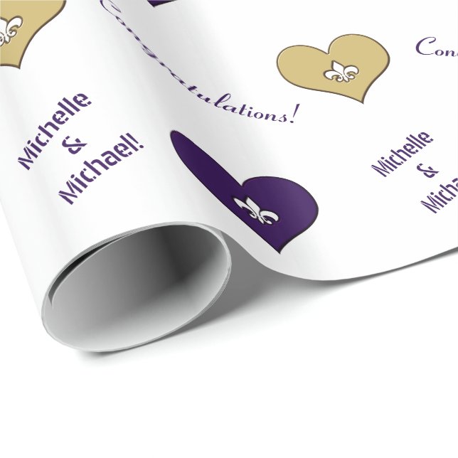 Personalized Fleur de Lis Heart Purple Gold Wrapping Paper (Roll Corner)