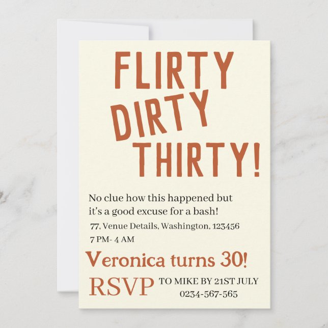 Personalized flirty dirty thirty funny birthday 30 invitation (Front)