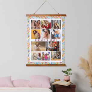 Personalized Floral 10 Photo Collage Hanging Tapestry