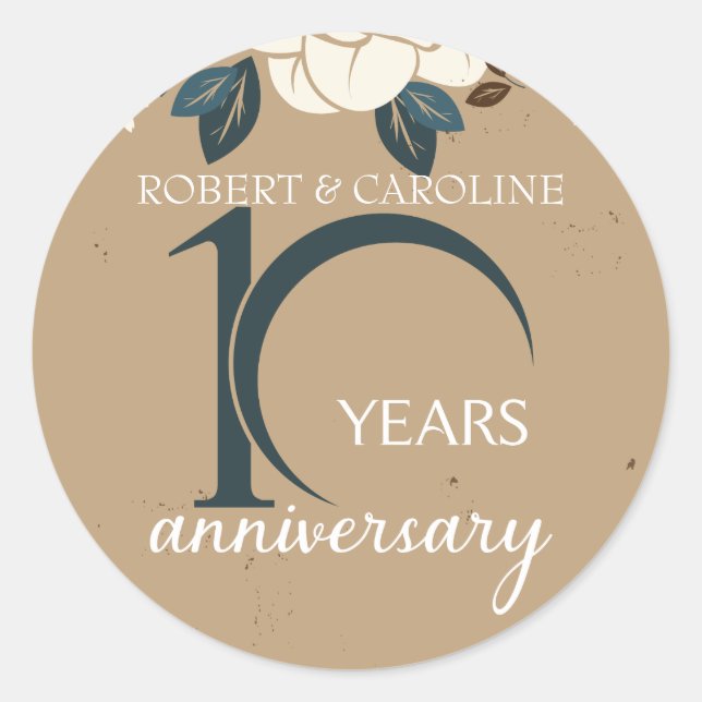 Personalized Floral 10th Wedding Anniversary Classic Round Sticker (Front)
