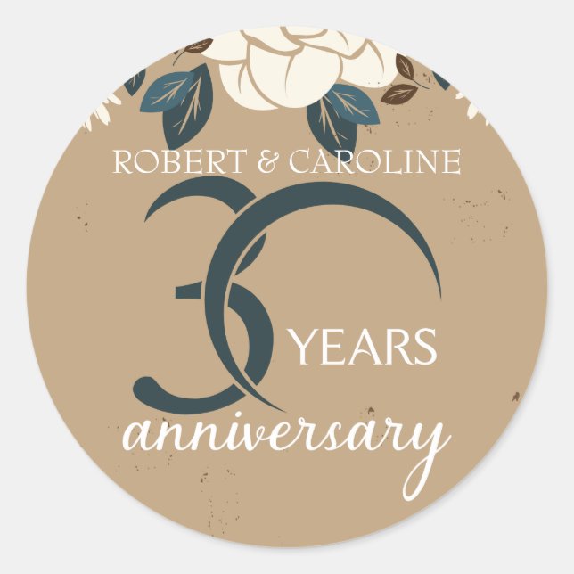 Personalized Floral 30th Wedding Anniversary Classic Round Sticker (Front)