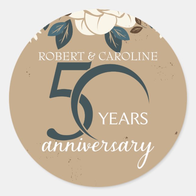Personalized Floral 50th Wedding Anniversary Classic Round Sticker (Front)