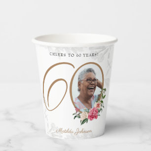 Personalized Floral 60th Birthday White Gold Photo Paper Cups
