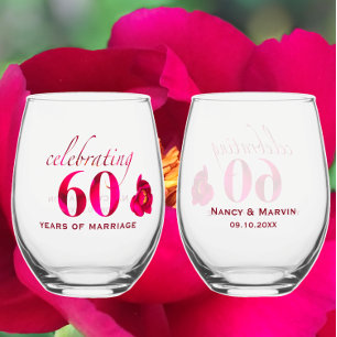 Personalized Floral 60th Wedding Anniversary Gift Stemless Wine Glass