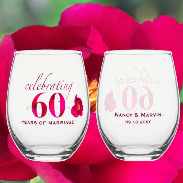 Personalized Floral 60th Wedding Anniversary Gift Stemless Wine Glass (Personalized this beautiful floral wine glass template for a unique 60th anniversary gift keepsake.)