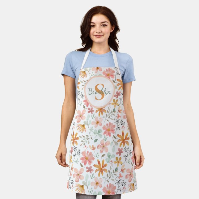 Personalized Floral All-Over Print Apron (Worn)