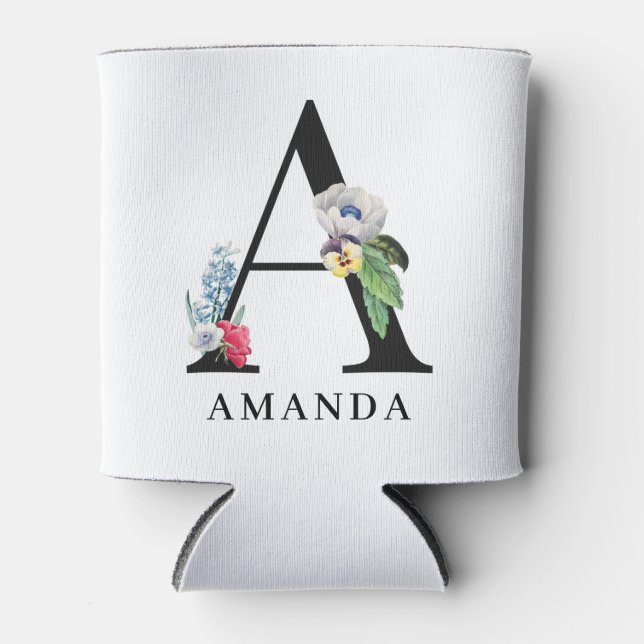 Personalized Floral Alphabet A Monogram  Can Cooler (Front)