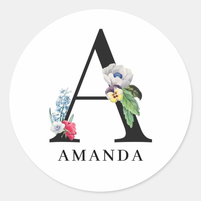 Personalized Floral Alphabet A Monogram  Classic Round Sticker (Front)