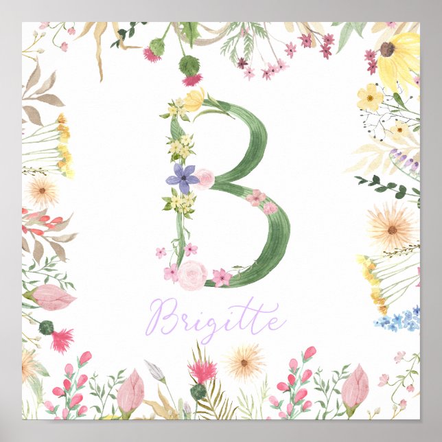  Personalized Floral Alphabet Initial Nursery  Poster (Front)