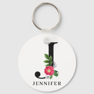 Personalized Floral Alphabet J Monogram   Keychain