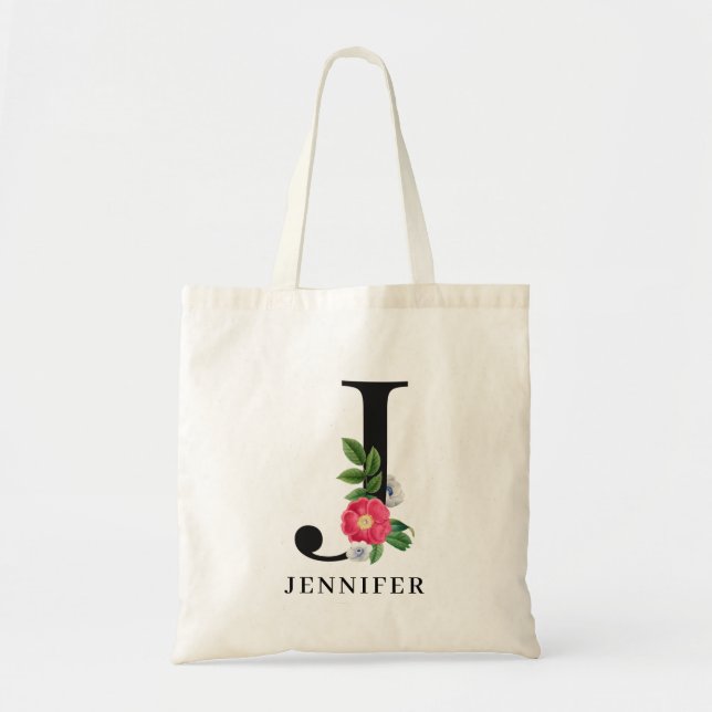 Personalized Floral Alphabet J Monogram  Tote Bag (Front)