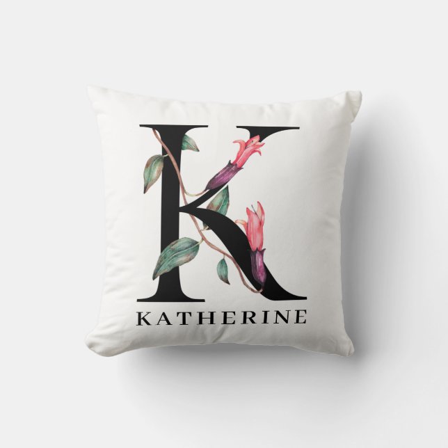 Personalized Floral Alphabet K Monogram Throw Pillow (Front)