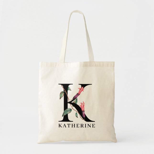 Personalized Floral Alphabet K Monogram Tote Bag (Front)