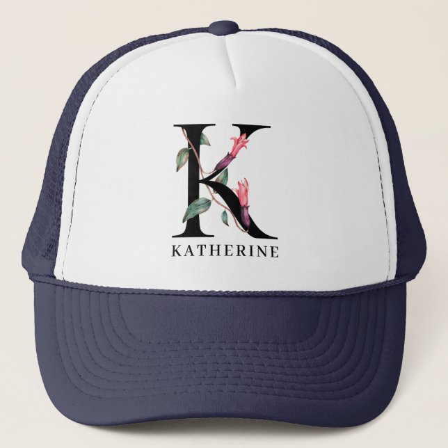 Personalized Floral Alphabet K Monogram Trucker Hat (Front)