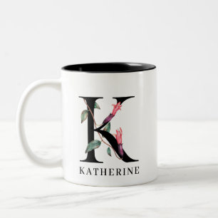 Personalized Floral Alphabet K Monogram Two-Tone Coffee Mug