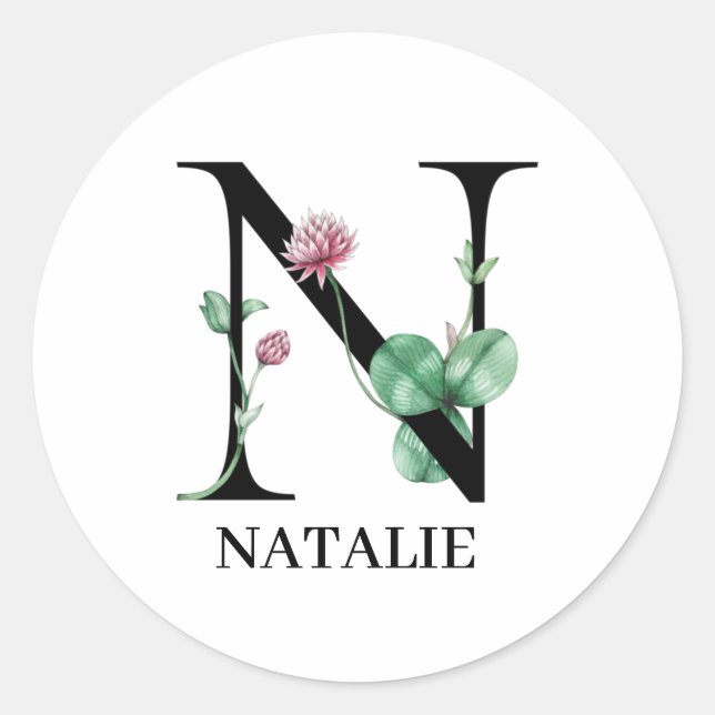 Personalized Floral Alphabet N Monogram  Classic Round Sticker (Front)
