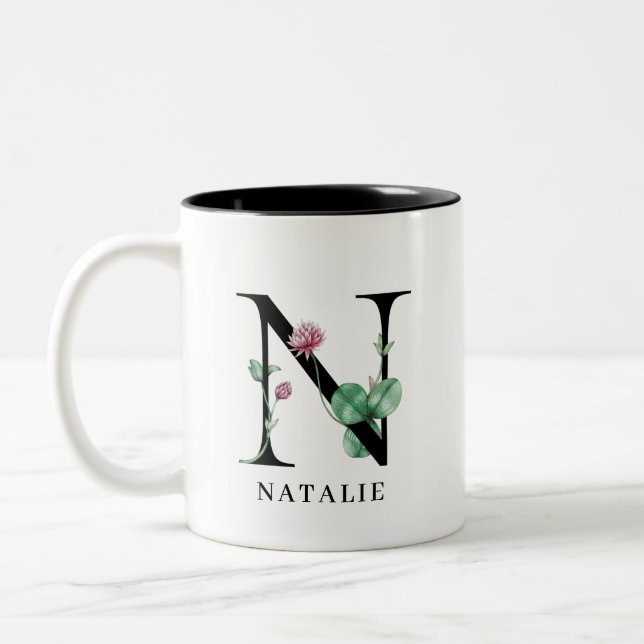 Personalized Floral Alphabet N Monogram Two-Tone C Coffee Mug (Left)