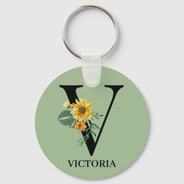 Personalized Floral Alphabet V Monogram  Keychain (Front)