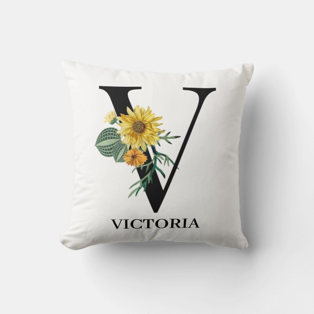 Personalized Floral Alphabet V Monogram  Throw Pillow (Front)