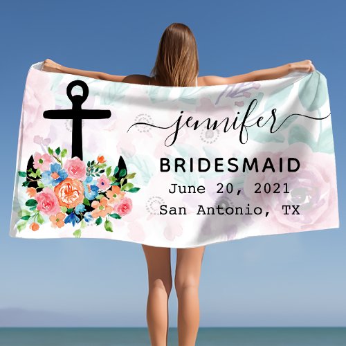 Personalized Floral Anchor Bachelorette Bridesmaid Beach Towel