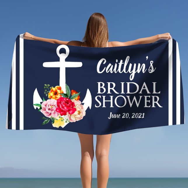 Personalized Floral Anchor Bridal Shower Beach  Beach Towel (Personalized Floral Anchor Bridal Shower Beach Beach Towel)