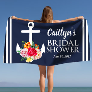 Personalized Floral Anchor Bridal Shower Beach  Towel