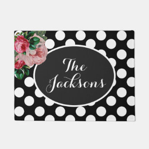 Personalized Floral and Black Polka Dot Doormat